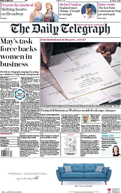 The Daily Telegraph Newspaper Front Page (UK) for 23 March 2018
