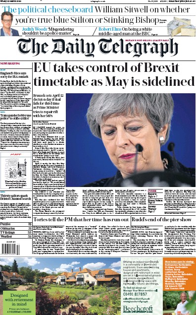 The Daily Telegraph Newspaper Front Page (UK) for 23 March 2019