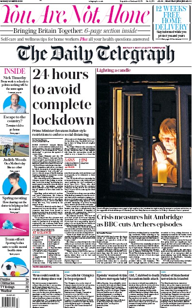 The Daily Telegraph Newspaper Front Page (UK) for 23 March 2020