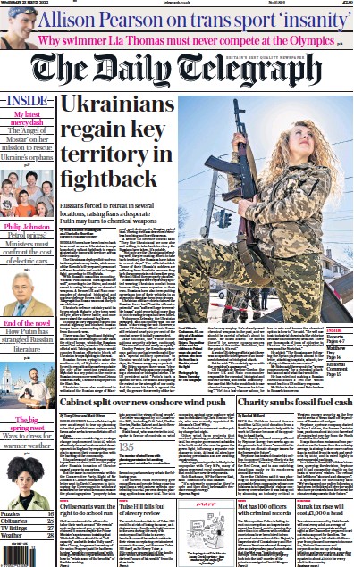 The Daily Telegraph Newspaper Front Page (UK) for 23 March 2022