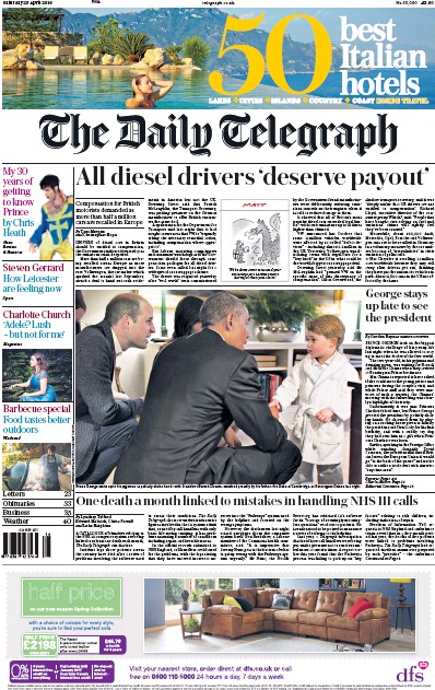 The Daily Telegraph Newspaper Front Page (UK) for 23 April 2016