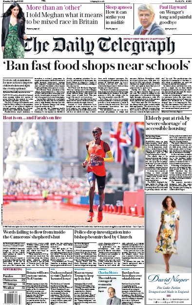 The Daily Telegraph Newspaper Front Page (UK) for 23 April 2018
