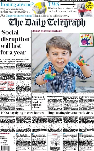 The Daily Telegraph Newspaper Front Page (UK) for 23 April 2020