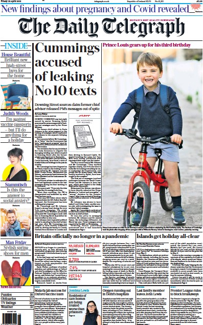 The Daily Telegraph Newspaper Front Page (UK) for 23 April 2021