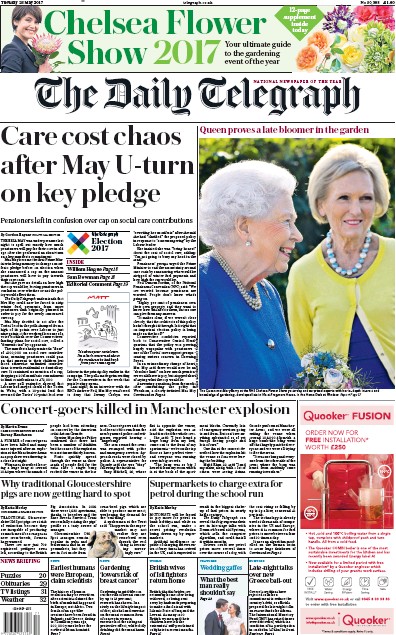 The Daily Telegraph Newspaper Front Page (UK) for 23 May 2017