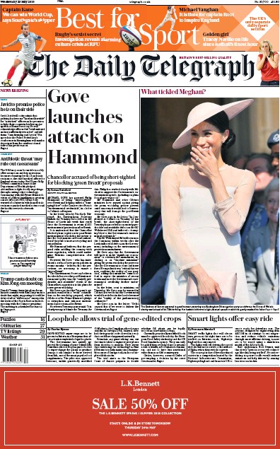 The Daily Telegraph Newspaper Front Page (UK) for 23 May 2018