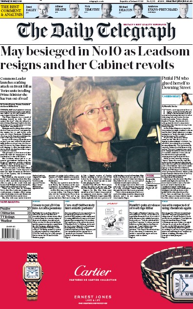 The Daily Telegraph Newspaper Front Page (UK) for 23 May 2019