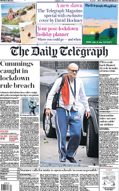 The Daily Telegraph Newspaper Front Page (UK) for 23 May 2020