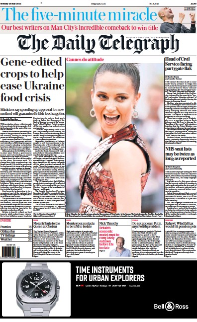 The Daily Telegraph Newspaper Front Page (UK) for 23 May 2022