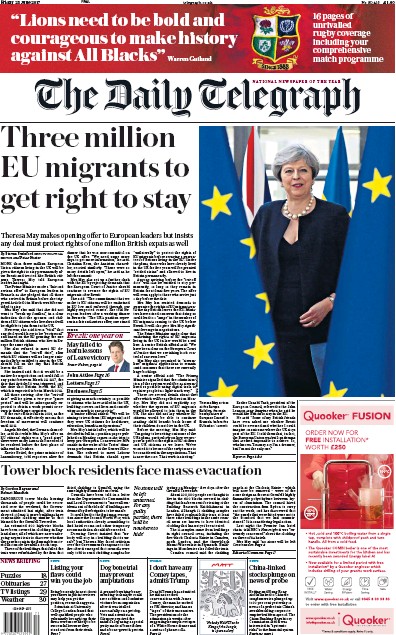 The Daily Telegraph Newspaper Front Page (UK) for 23 June 2017