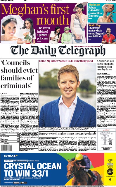 The Daily Telegraph Newspaper Front Page (UK) for 23 June 2018