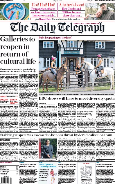 The Daily Telegraph Newspaper Front Page (UK) for 23 June 2020