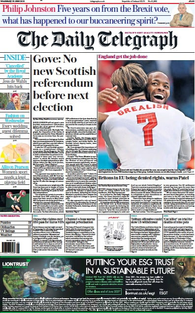 The Daily Telegraph Newspaper Front Page (UK) for 23 June 2021