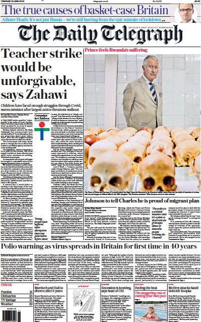 The Daily Telegraph Newspaper Front Page (UK) for 23 June 2022
