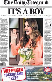 The Daily Telegraph Newspaper Front Page (UK) for 23 July 2013