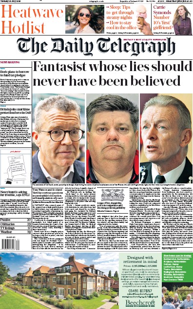 The Daily Telegraph Newspaper Front Page (UK) for 23 July 2019