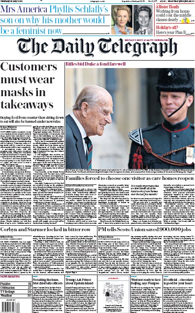 The Daily Telegraph Newspaper Front Page (UK) for 23 July 2020