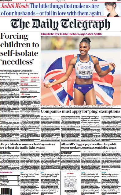 The Daily Telegraph Newspaper Front Page (UK) for 23 July 2021