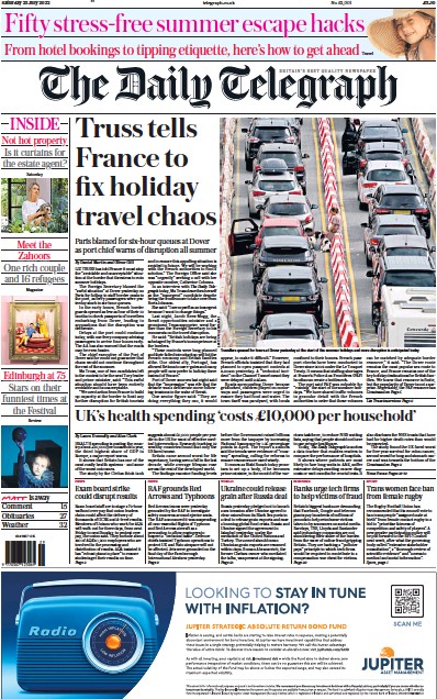 The Daily Telegraph Newspaper Front Page (UK) for 23 July 2022