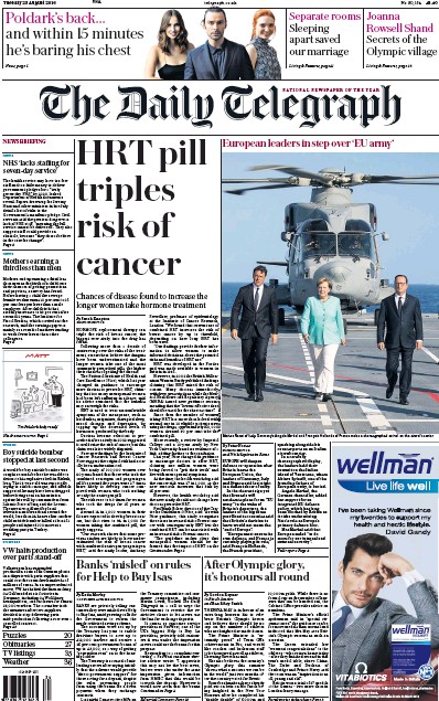 The Daily Telegraph Newspaper Front Page (UK) for 23 August 2016