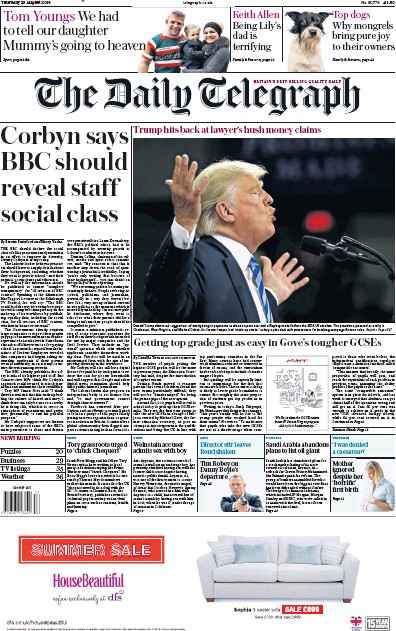 The Daily Telegraph Newspaper Front Page (UK) for 23 August 2018