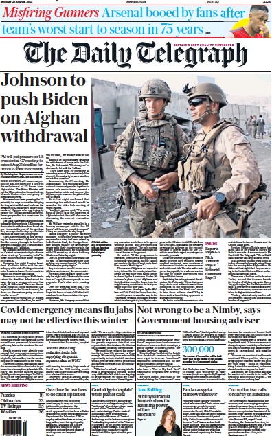 The Daily Telegraph Newspaper Front Page (UK) for 23 August 2021