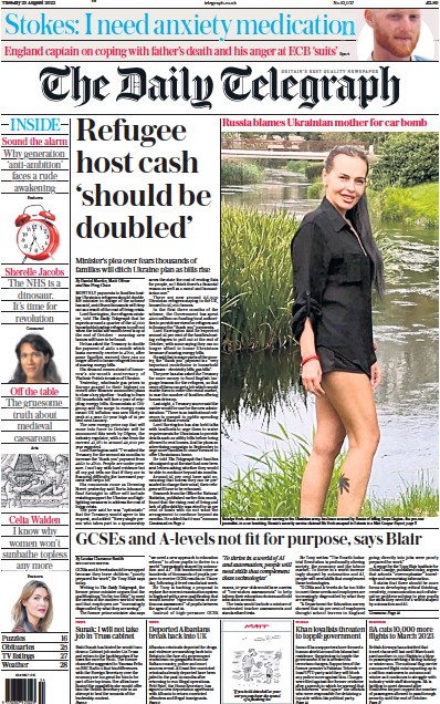 The Daily Telegraph Newspaper Front Page (UK) for 23 August 2022
