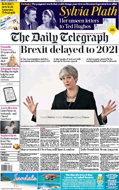The Daily Telegraph Newspaper Front Page (UK) for 23 September 2017