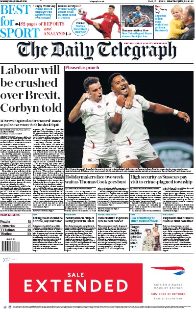 The Daily Telegraph Newspaper Front Page (UK) for 23 September 2019