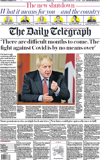 The Daily Telegraph Newspaper Front Page (UK) for 23 September 2020