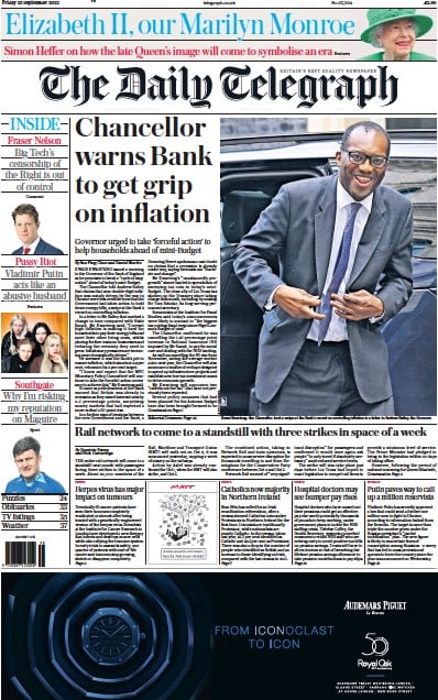 The Daily Telegraph Newspaper Front Page (UK) for 23 September 2022