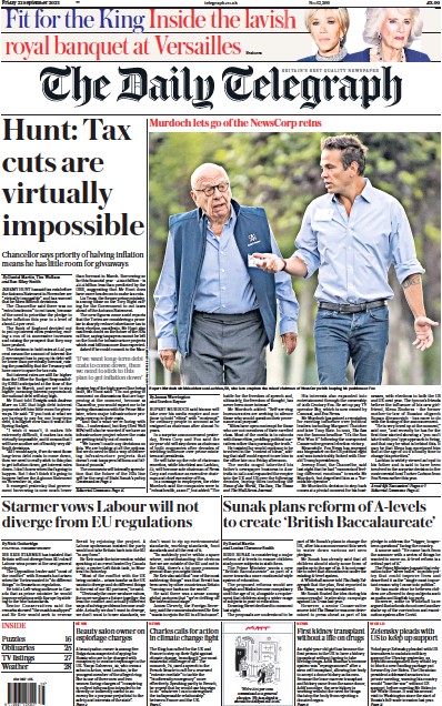 The Daily Telegraph Newspaper Front Page (UK) for 23 September 2023