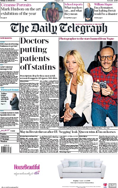 The Daily Telegraph Newspaper Front Page (UK) for 24 October 2017