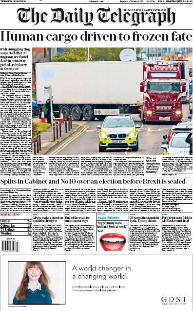 The Daily Telegraph Newspaper Front Page (UK) for 24 October 2019