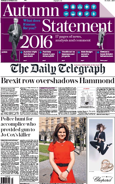 The Daily Telegraph Newspaper Front Page (UK) for 24 November 2016
