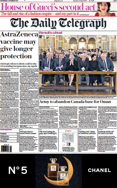 The Daily Telegraph Newspaper Front Page (UK) for 24 November 2021
