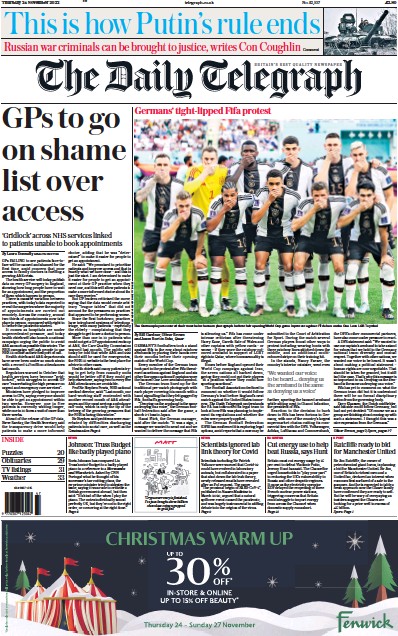 The Daily Telegraph Newspaper Front Page (UK) for 24 November 2022