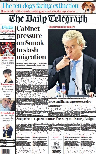The Daily Telegraph Newspaper Front Page (UK) for 24 November 2023