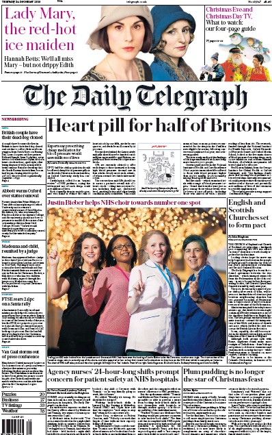 The Daily Telegraph Newspaper Front Page (UK) for 24 December 2015
