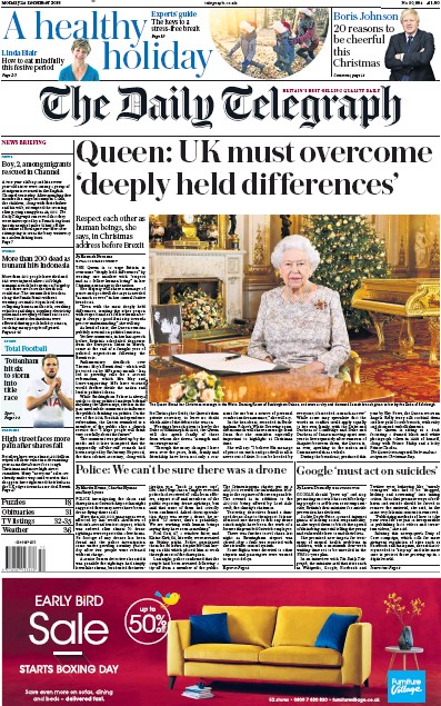 The Daily Telegraph Newspaper Front Page (UK) for 24 December 2018