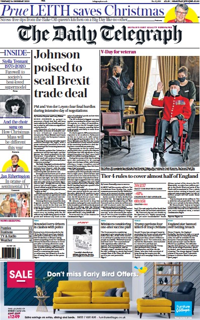 The Daily Telegraph Newspaper Front Page (UK) for 24 December 2020