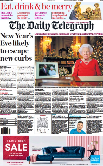 The Daily Telegraph Newspaper Front Page (UK) for 24 December 2021