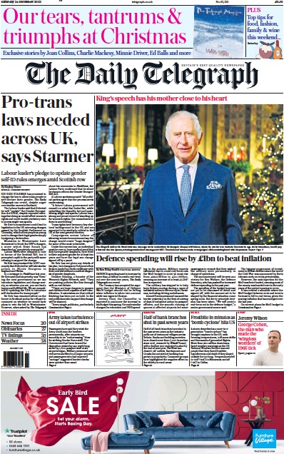 The Daily Telegraph Newspaper Front Page (UK) for 24 December 2022