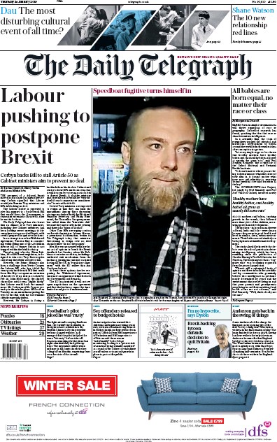The Daily Telegraph Newspaper Front Page (UK) for 24 January 2019