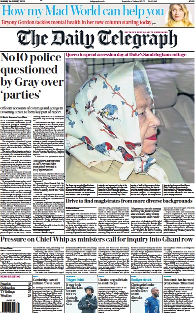 The Daily Telegraph Newspaper Front Page (UK) for 24 January 2022