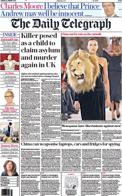 The Daily Telegraph Newspaper Front Page (UK) for 24 January 2023