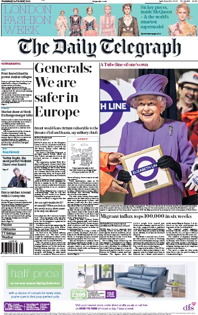The Daily Telegraph Newspaper Front Page (UK) for 24 February 2016