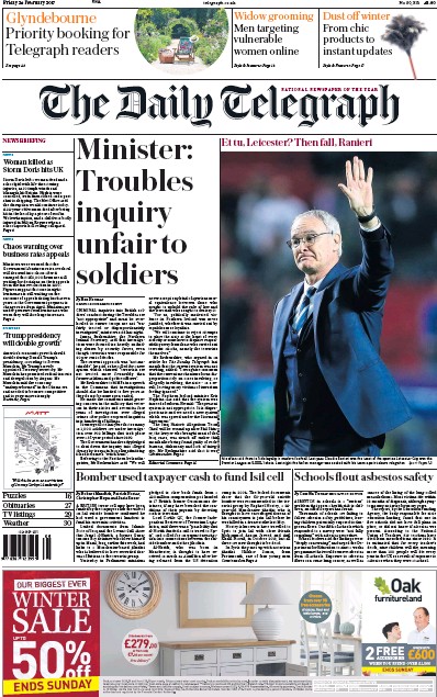 The Daily Telegraph Newspaper Front Page (UK) for 24 February 2017