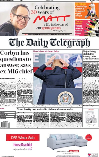 The Daily Telegraph Newspaper Front Page (UK) for 24 February 2018
