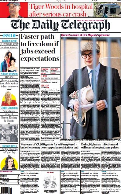 The Daily Telegraph Newspaper Front Page (UK) for 24 February 2021